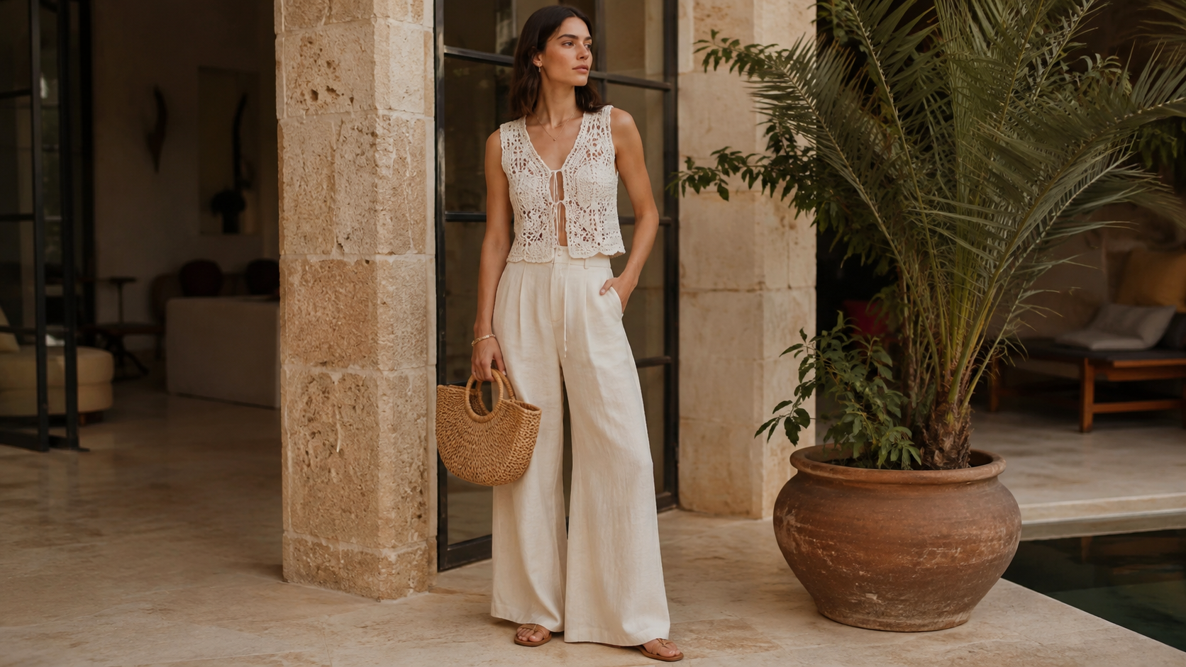 Crochet Vest Boho Outfit with Wide Leg Trousers